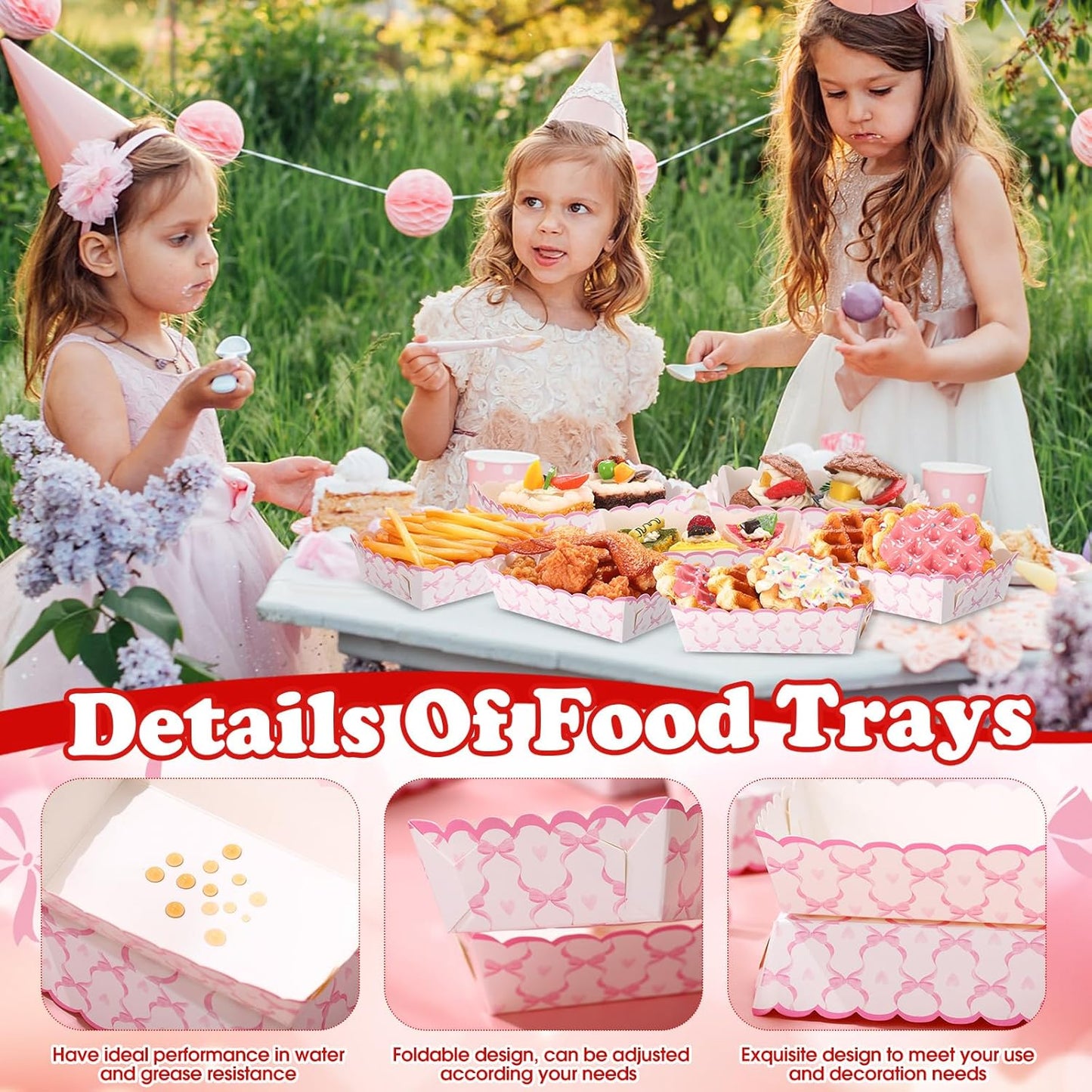 Domensi 60 Pcs Pink Bow Paper Food Trays Birthday Decorations Kraft Bow Plates Snack Nacho Hot Dog Popcorn Serving Trays Coquette Party Supplies for Wedding Bridal Baby Shower Party Decoration