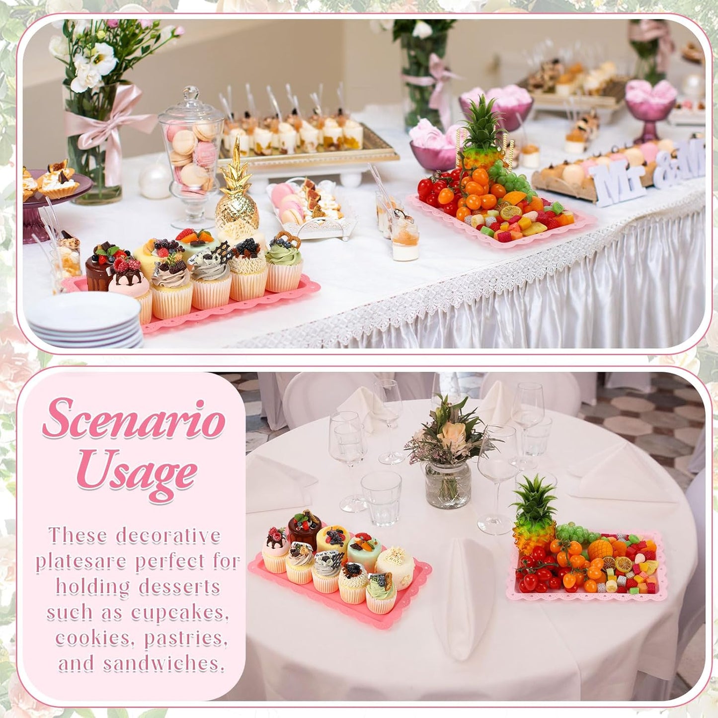 6 Pcs Pink Serving Trays Plastic Platters Dessert Cupcake Holder Party Supplies 14.4 x 9.3 Inches Rectangular Cookie Snack Display Tray for Wedding Restaurant