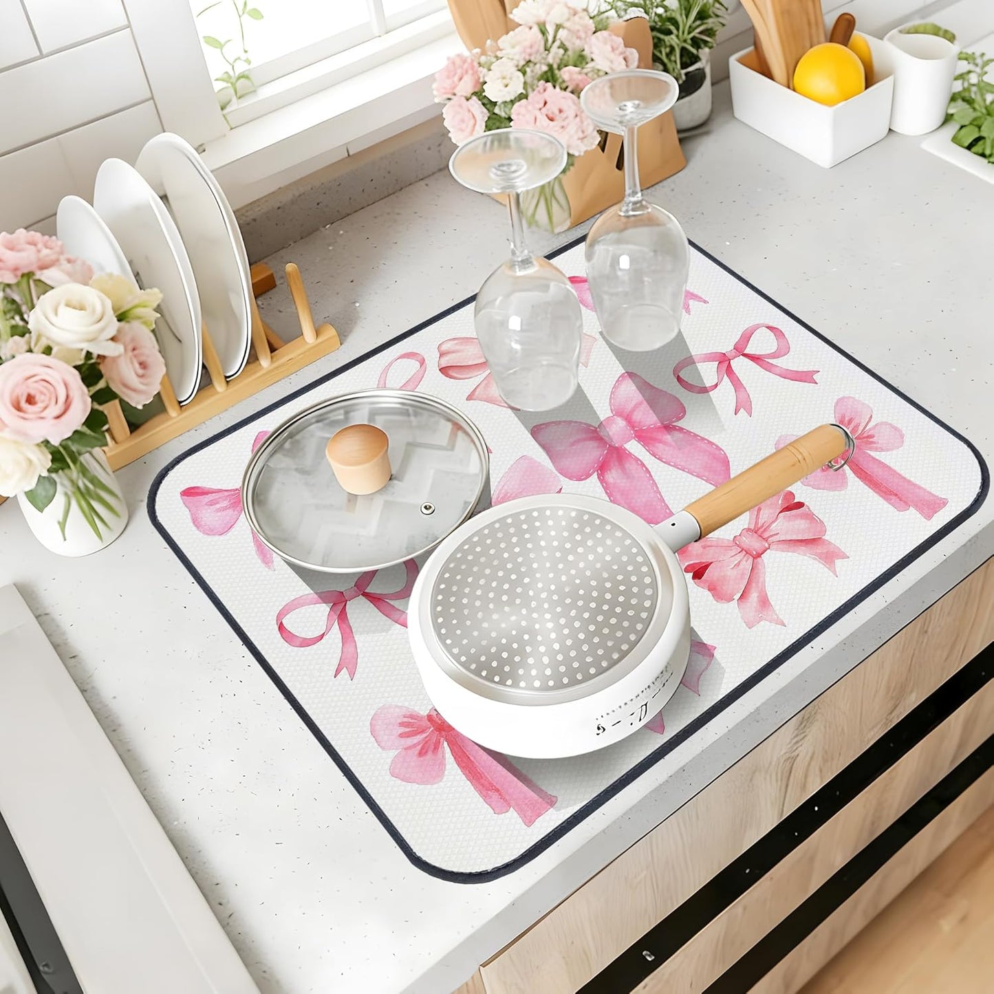 Pink Bow Dish Drying Mat,Coquette Pink Bow Absorbent Dish Drying Mat，Kitchen Accessories For Countertop，Dish Drainer Mat For Kitchen Counter，20 X 15inch