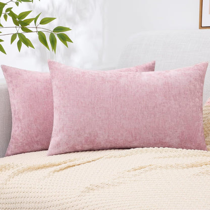 decorUhome Chenille Blush Pink Summer Throw Pillow Covers 12x20 Inch Set of 2, Decorative Soft Couch Pillow Covers Solid Dyed Accent Farmhouse Neutral Rectangle Pillow Cases for Sofa