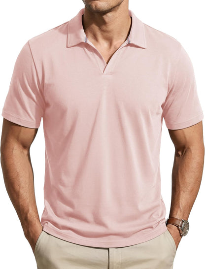 TACVASEN Mens Polo Shirts V Neck Short Sleeve Knitted Golf T Shirts Collared Summer Vacation Tops Johnny Collar Polo