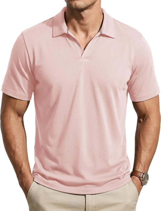 TACVASEN Mens Polo Shirts V Neck Short Sleeve Knitted Golf T Shirts Collared Summer Vacation Tops Johnny Collar Polo
