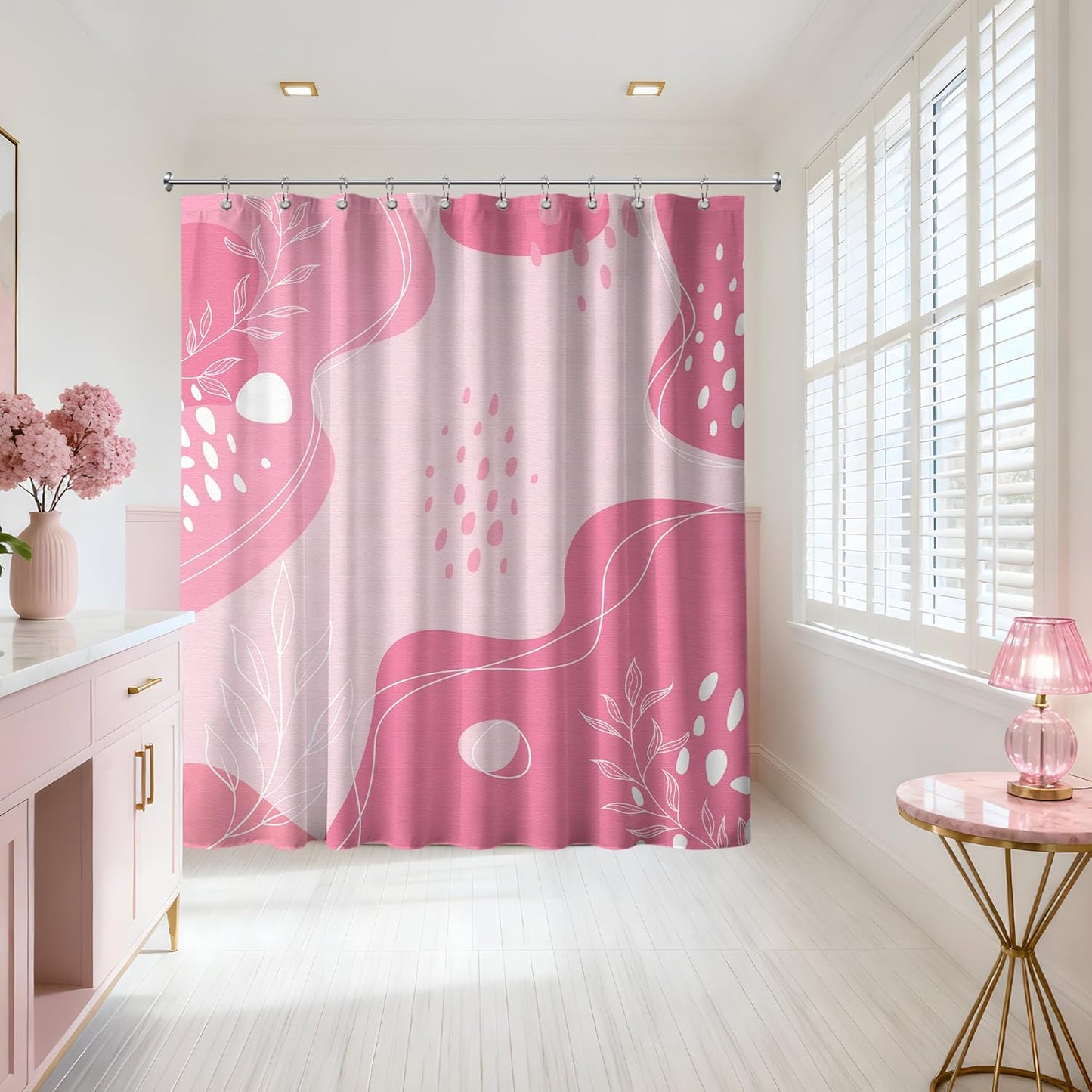 Light Pink Shower Curtain Cute Pink and White Boho Mid Century Modern Shower Curtains for Girly Bathroom Decor Sets, Waterproof Cloth Fabric with Hooks, 70x72 Inch