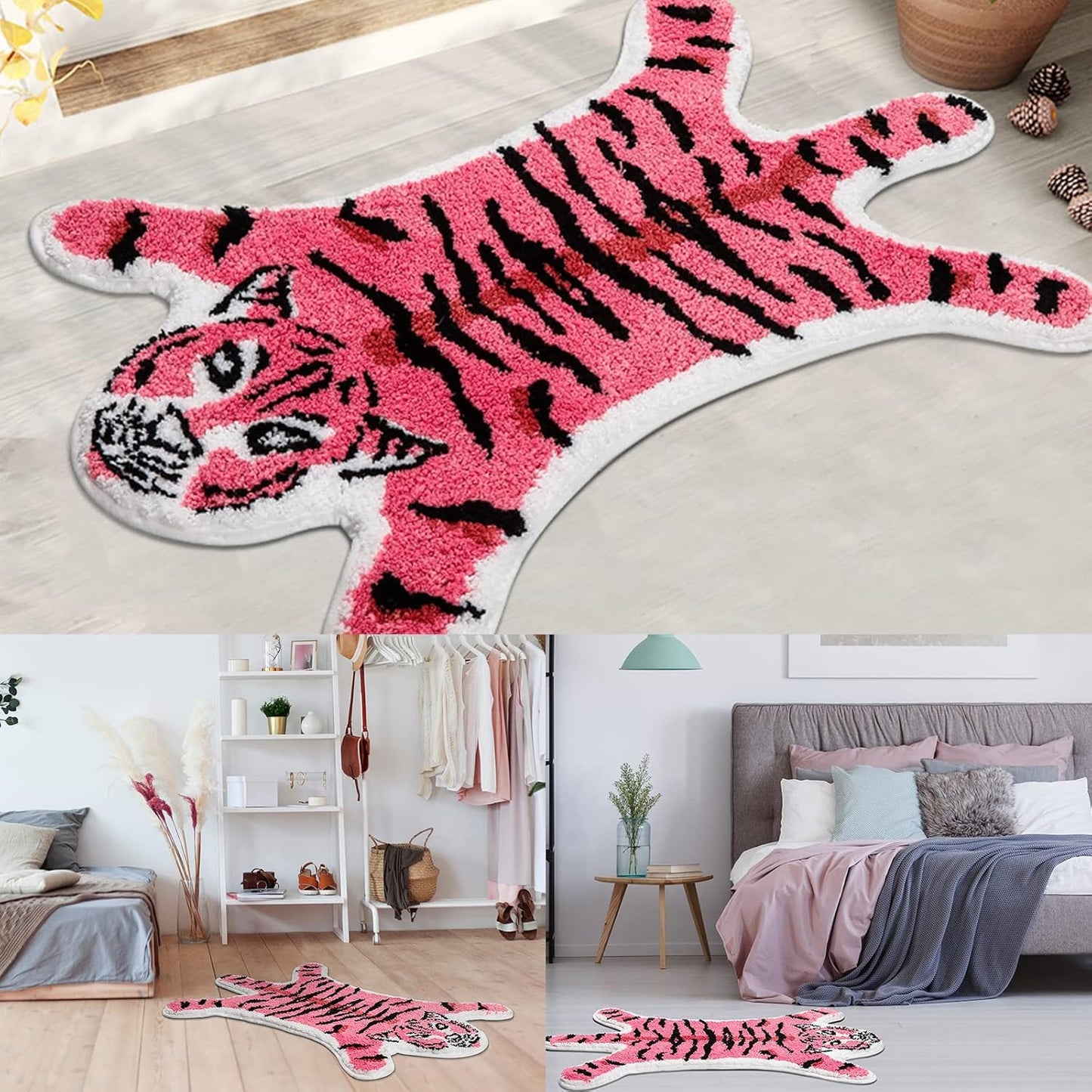 Tiger Shaped Rug Bath Mat Pink Tiger Bathroom Rugs Non-Slip Door Mat Animals Printed Carpet Small Home Decor Mat Playmat Shower Rug, 33.5x21.6inch