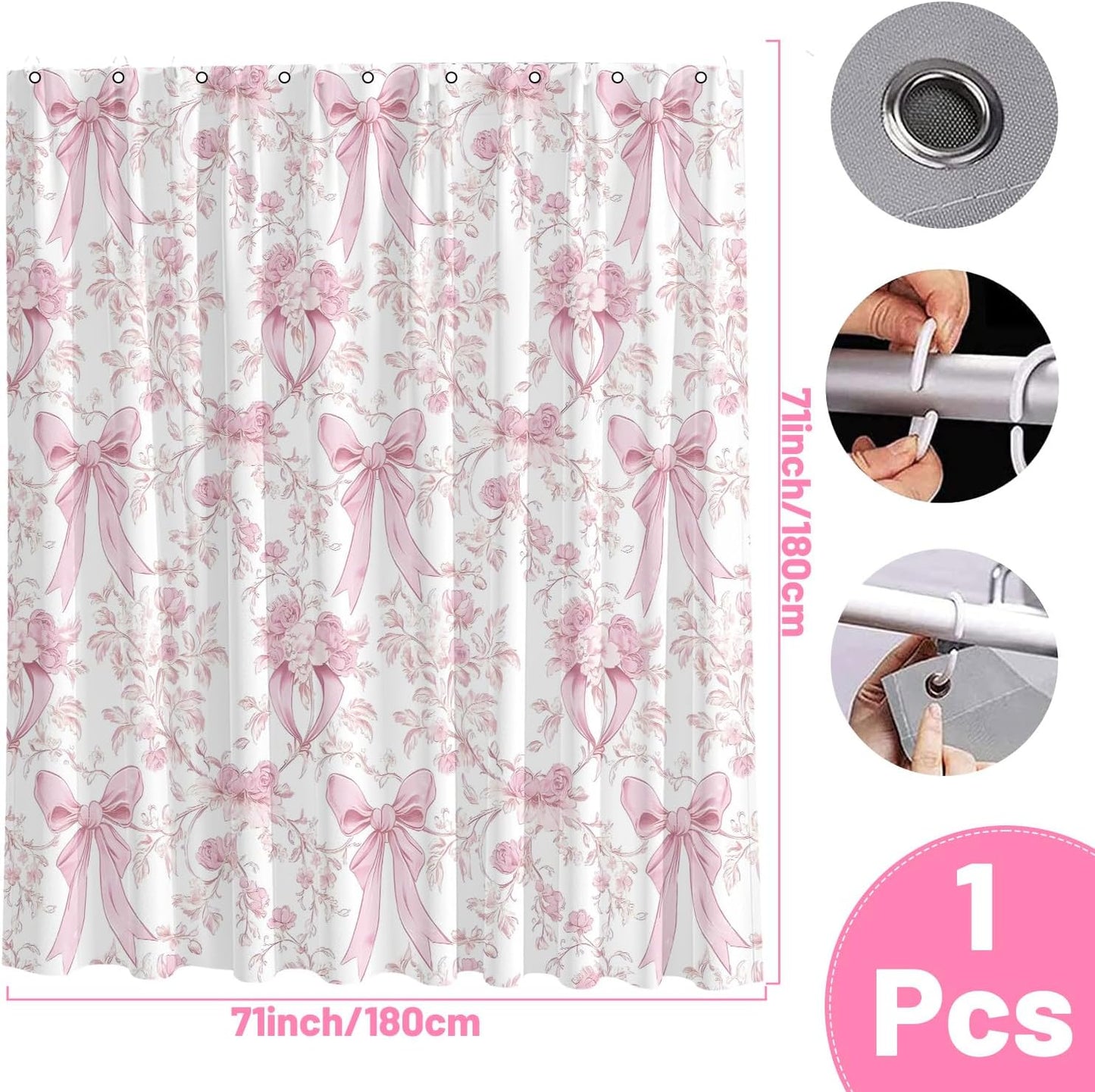Pink Bow Shower Curtain Decor, Pink and White Girly Shower Bath Tub Curtain, Aesthetic Coquete Waterproof Bathroom Decor(72 X 72 Inches)