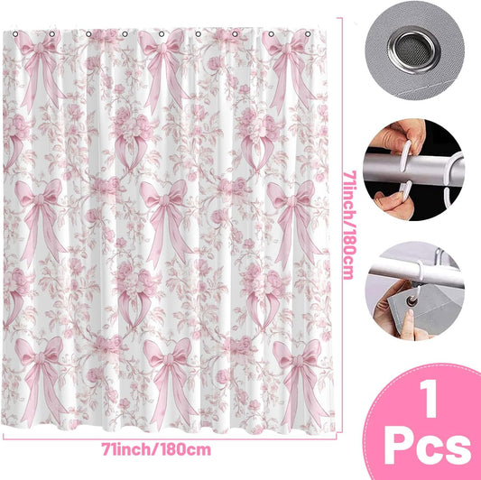 Pink Bow Shower Curtain Decor, Pink and White Girly Shower Bath Tub Curtain, Aesthetic Coquete Waterproof Bathroom Decor(72 X 72 Inches)