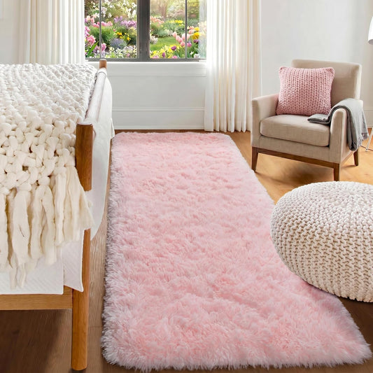 ONASAR Pink Runner Rugs for Bedroom Living Room, 2x6 Bedside Hallway Fluffy Area Rug, Ultra Soft Plush Furry Faux Fur Non Slip Floor Carpet for Nursery Kids Dorm Closet Home Decor Aesthetic