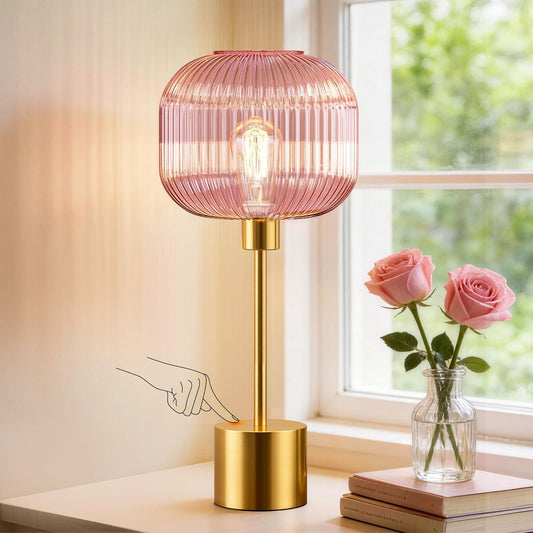 QiMH Glass Table Lamp for Living Room, Modern Bedside Lamp with Pink Ribbed Glass Shade, 3-Way Dimmable Touch Control Nightstand Lamp for Bedroom, Brushed Gold (2700K LED Bulb Included)