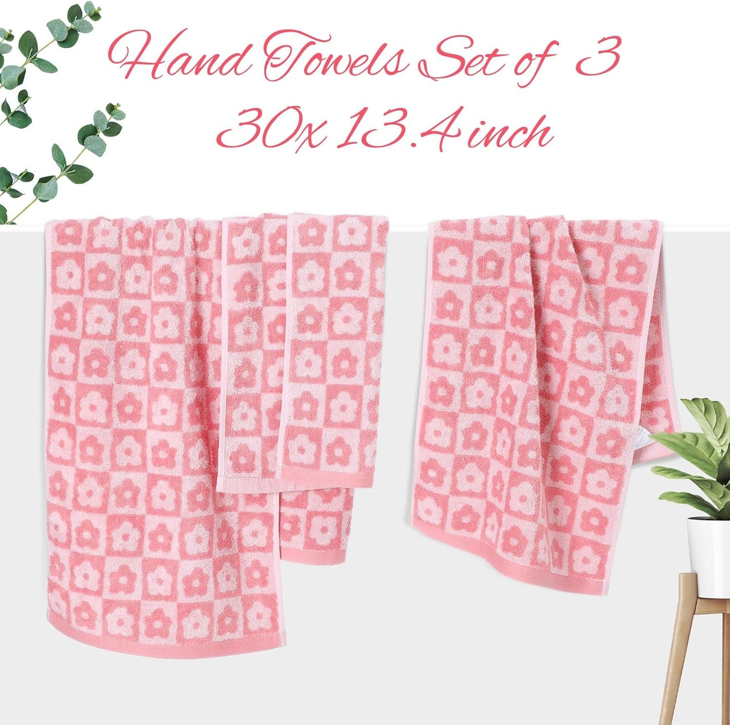Moukeren 3 Pcs Pink Floral Bath Towels, Checkered Floral Hand Towels for Women, 29 x 13 Inch, Cotton Washcloth Soft Fleece Quick Dry Patterned Cute Decor for Bathroom Pool Gym Gift