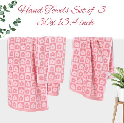 Moukeren 3 Pcs Pink Floral Bath Towels, Checkered Floral Hand Towels for Women, 29 x 13 Inch, Cotton Washcloth Soft Fleece Quick Dry Patterned Cute Decor for Bathroom Pool Gym Gift