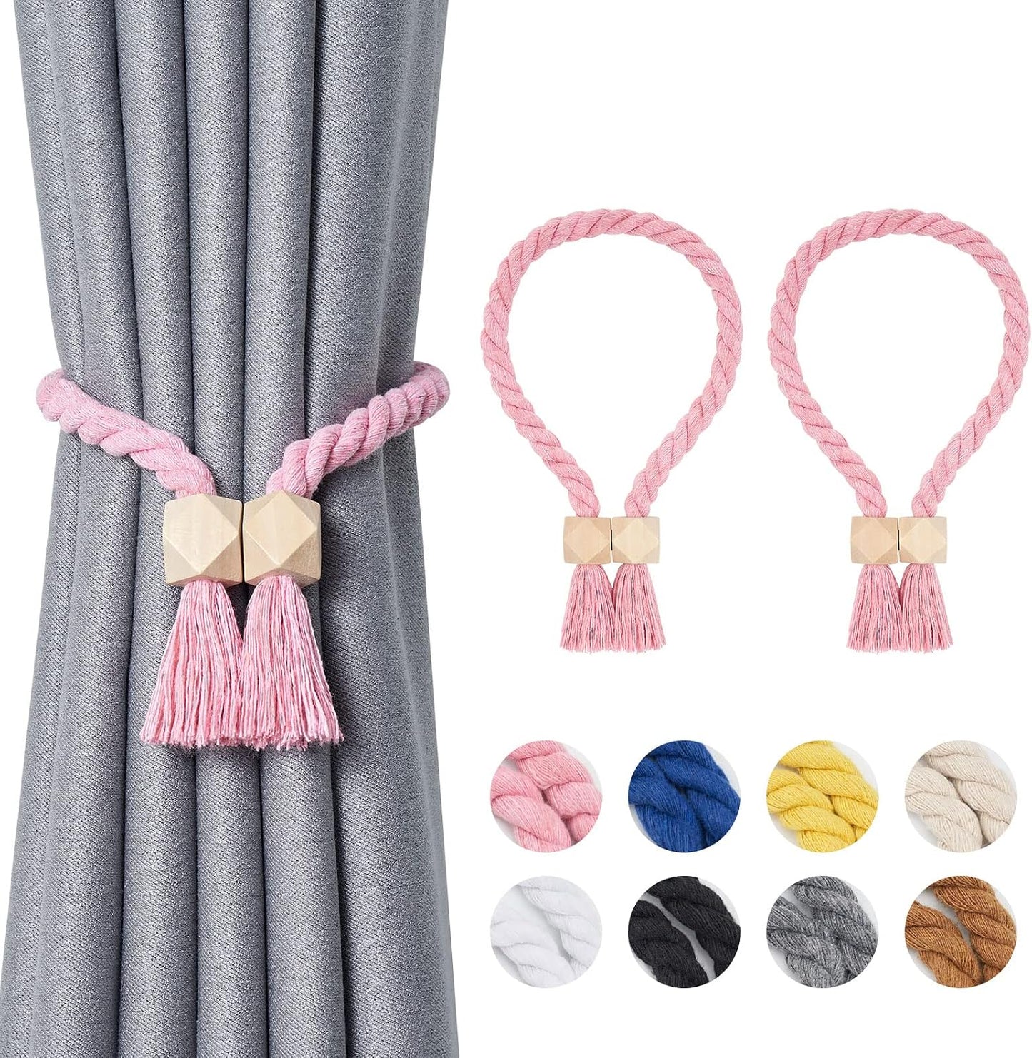 NICEEC 2 Pack Wooden Polyhedron Magnetic Curtain Tiebacks Boho Home Decor Drape Tie Backs Natural Cotton Hand Woven Rope Curtain Holdbacks for Home & Office Window Draperies (Pink)