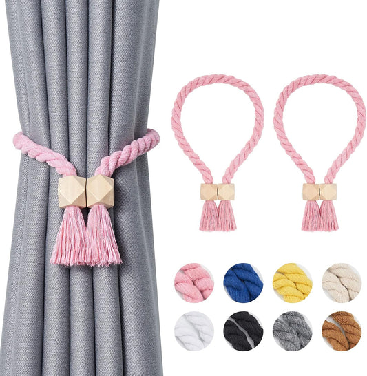 NICEEC 2 Pack Wooden Polyhedron Magnetic Curtain Tiebacks Boho Home Decor Drape Tie Backs Natural Cotton Hand Woven Rope Curtain Holdbacks for Home & Office Window Draperies (Pink)