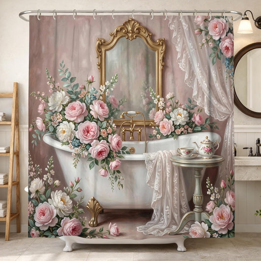 Rose Shower Curtain, Vintage Romantic Peony Eucalyptus Spring Peach Washable with Hooks Bathtub Cloth Curtains Decor for Bathroom Guest Room 72x72 Inch