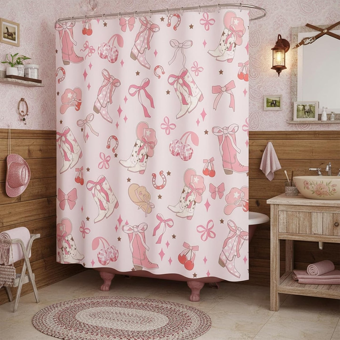Pink Bow Western Shower Curtain, Cowgirl Cute Bowknot Disco Cherry Bow Boots Caps Shower Curtain Set for Boys Teens Girls, Waterproof Bath Curtain Decor with Hooks,Pink,72x72
