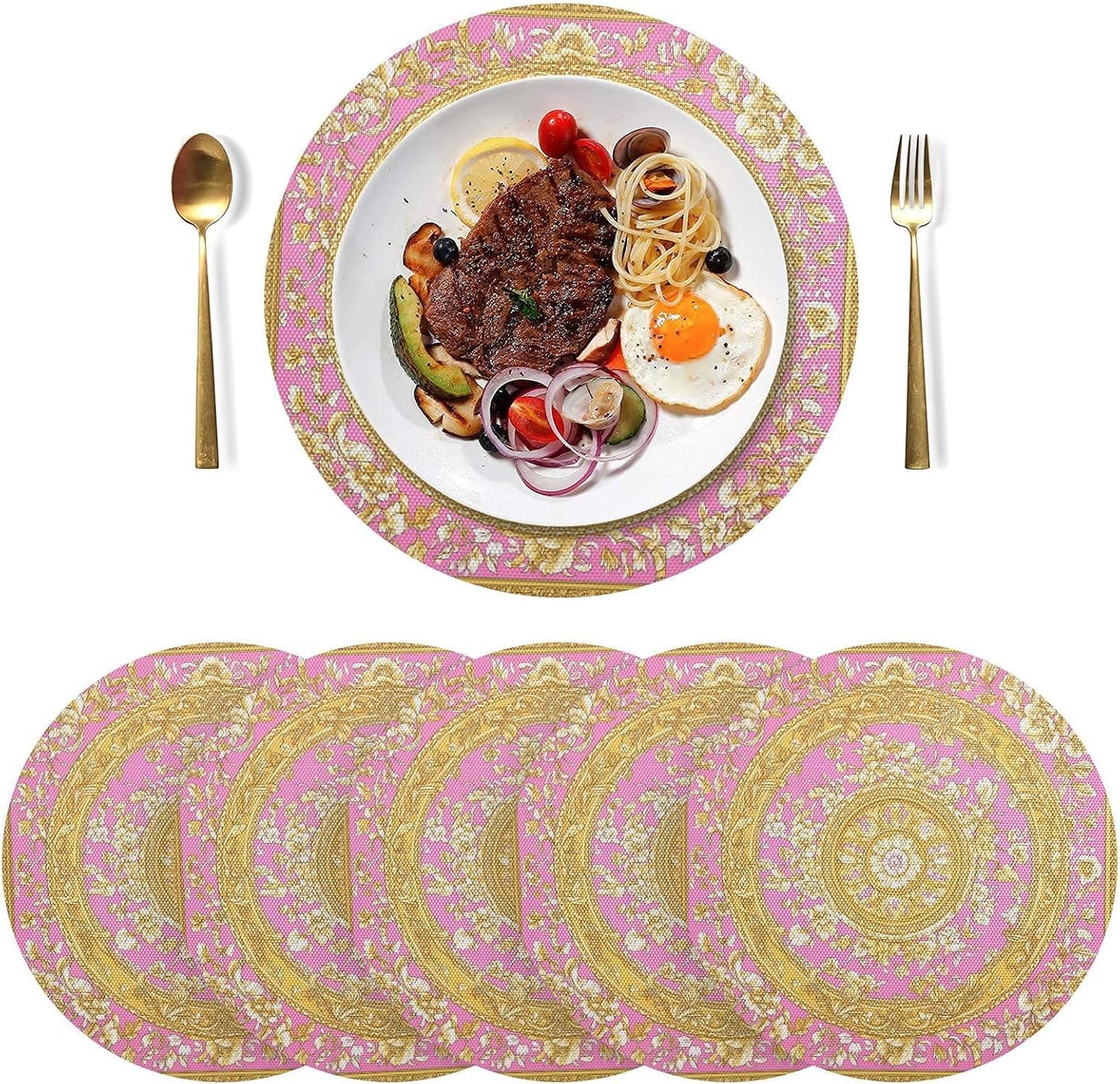 Retro Flower Pattern Gold and Peach Fabric placemats Round Reusable Chalkboard placemats placemat Washable Solid placemats for Dining Table Waterproof placemats for Kitchen Table 6 Place mats