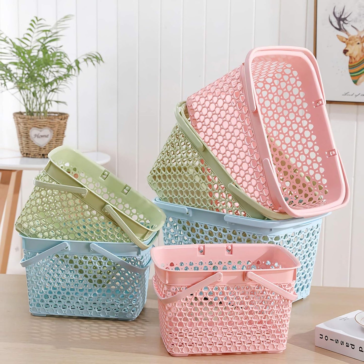 Anyoifax Portable Shower Caddy Tote, Plastic Storage Basket with Handle Bath Organizer Bin for Bathroom, Pantry, Kitchen, College Dorm, Garage - 11.2 x 7.9 x 6.8 in - Pink
