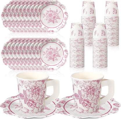 FoldTier 100 Pcs Tea Party Plates and Cups Pink Floral Party Supplies Paper Tea Cups and Saucers Disposable Tableware Sets for Chinoiserie Wedding Baby Shower Birthday Decor Serves 50 Guests