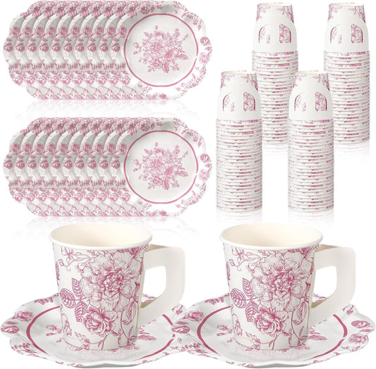 FoldTier 100 Pcs Tea Party Plates and Cups Pink Floral Party Supplies Paper Tea Cups and Saucers Disposable Tableware Sets for Chinoiserie Wedding Baby Shower Birthday Decor Serves 50 Guests