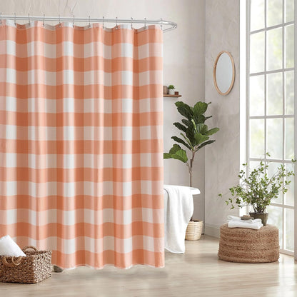 ORTIGIA 3 in 1 Waffle Shower Curtain Set-72x84, Bathroom Curtain with Waterproof PEAV Liner & 12 Stainless Steel Double-Sided Hooks, Peach and White Buffalo Plaid Bath Curtain for Modern Farmhouse