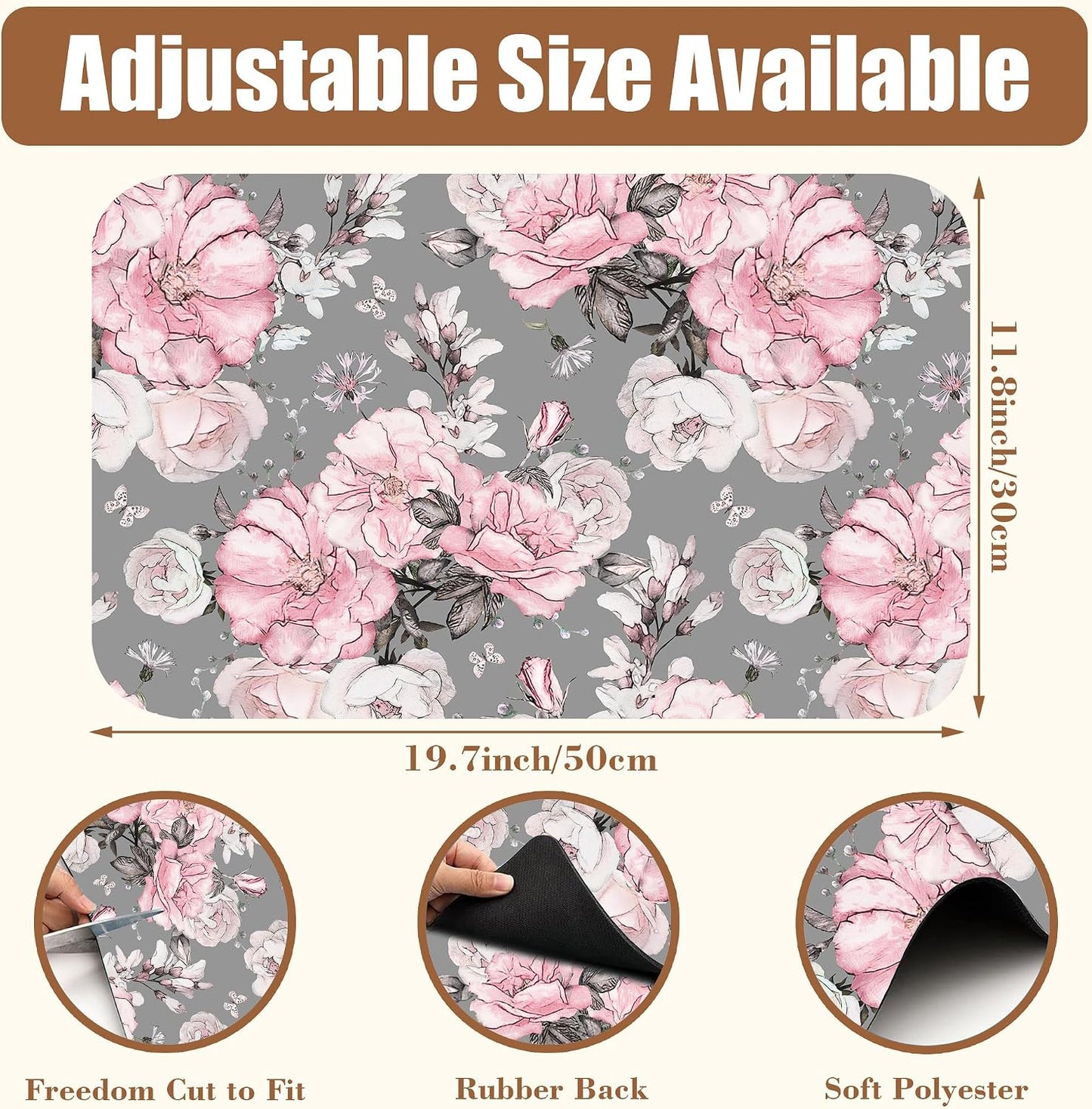 Pink Flowers and Leaves Coffee Mat Absorbent Dish Drying Mat for Kitchen Counter Hide Stain Rubber Backed Coffee Bar Accessories Fit Under Espresso Machine Cafe Table, 11.8 x 19.7 Inch