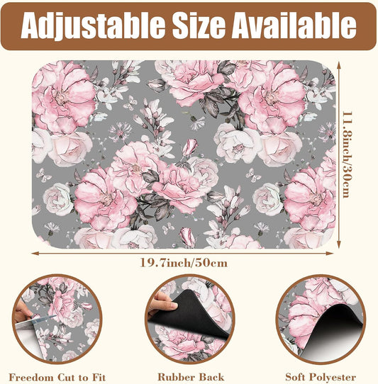 Pink Flowers and Leaves Coffee Mat Absorbent Dish Drying Mat for Kitchen Counter Hide Stain Rubber Backed Coffee Bar Accessories Fit Under Espresso Machine Cafe Table, 11.8 x 19.7 Inch