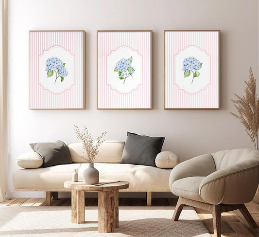 Blue Hydrangea Wall Art Pink Striped Rustic Farmhouse Floral Pictures Wall Decor Cottagecore Botanical Posters Vintage Grandmillenial Flower Painting Print Artwork for Girls Room Dorm, Unframed
