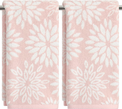 Artoid Mode 2 Pcs Beige Pink Dahlia Floral Jacquard Hand Towels for Bathroom, 100% Cotton Soft Absorbent Bathroom Decor Towels, 13.7 x 29.5 Inch