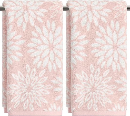 Artoid Mode 2 Pcs Beige Pink Dahlia Floral Jacquard Hand Towels for Bathroom, 100% Cotton Soft Absorbent Bathroom Decor Towels, 13.7 x 29.5 Inch
