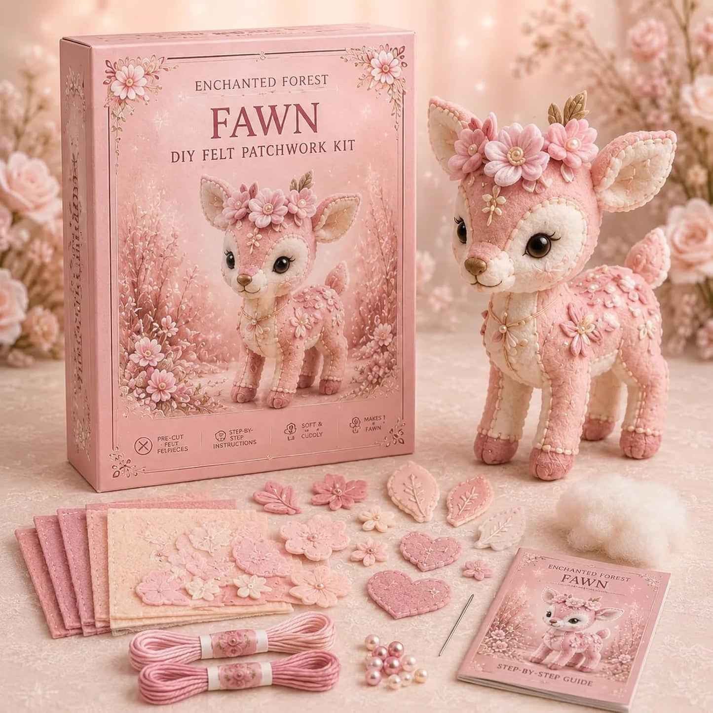 Pink Woodland Friends DIY Felt Patchwork Kit, Pastoral Wild Creatures Handicraft Activity, Manual Tailoring Bundle, Textile Hobby, DIY Fabric Animal, Unique Roseate Doll Ornament (Blush Deer)