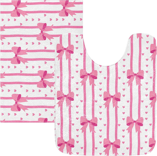 Pink Bows and Stripes Bathroom Rugs, Ultra Soft Absorbent Plush 16” x 24” Bath Mats, Non-Slip Machine Washable Shaggy Floor Rugs for Bathroom Tub