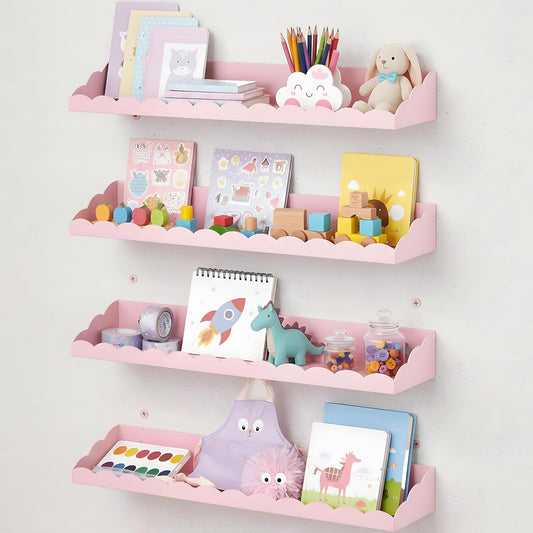 4 Pack Pink Scalloped Nursery Book Shelves for Wall 17 Inch Room Floating Pink Scalloped Nursery Bookshelves Wall Mounted Shelf for Room Bedroom Playroom Decor, Metal Material