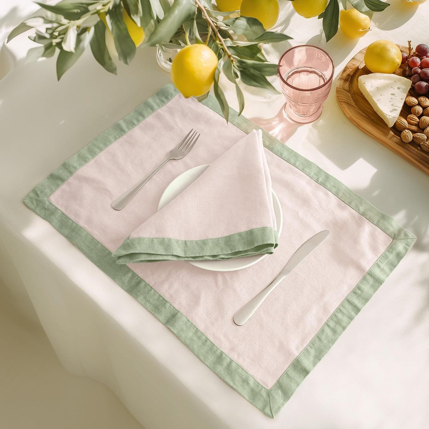 Linen World 100% French Linen Placemats Set of 4,21 x 15 Inch Double Layer Table Mats,Washable Heavyweight Placemats for Holiday Dining Kitchen Decor,Blush Pink with Sage Green Contrast Border
