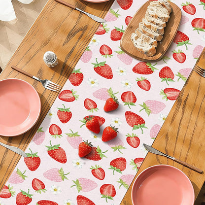 Strawberry Print Table Runner, 72x13 inch, Pink Floral | Spring Summer Decor, Fruit Pattern, Dining Table Decor, Pink Background, White Flower Accents