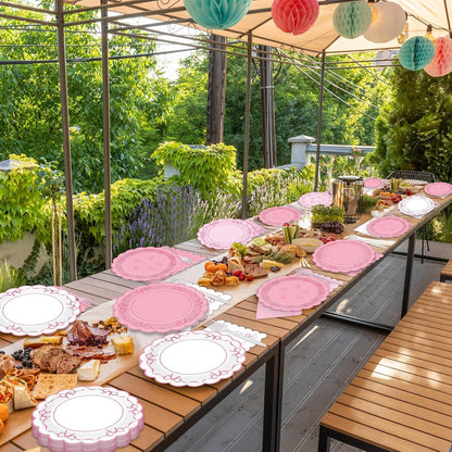 96pcs Pink Bow Party Supplies Bow Scalloped Paper Plates and Napkins Pink Bowknot Party Decors for Girl Bachelorette Bridal Engagement Baby Shower Coquette Cute Tableware Dinnerware Serves 24 Guests