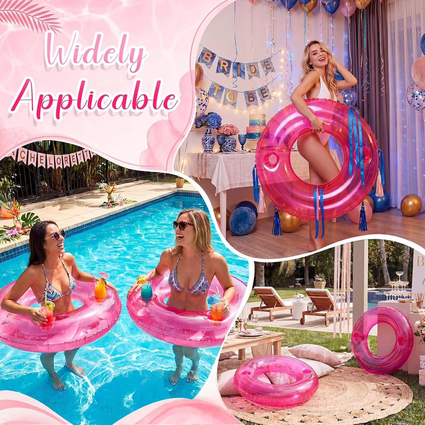Junkin 3 Pcs 47.3 Inch Transparent Round Pool Float with Cup Holder Bachelorette Inflatable Float Bride Pool Ring Loungers Tube Swimming for Engagement, Wedding, Summer Beach Party Decor