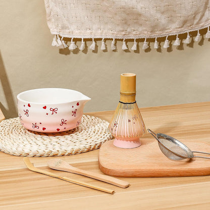 Koythin 6-Piece Ceramic Matcha Whisk Set, Cute Bow-Heart Matcha Bowl Set for Ceremony Tea-Lovers, Unique Tea Making Kit with Whisk Holder Scoop Two Bowls (Gradient Pink White)