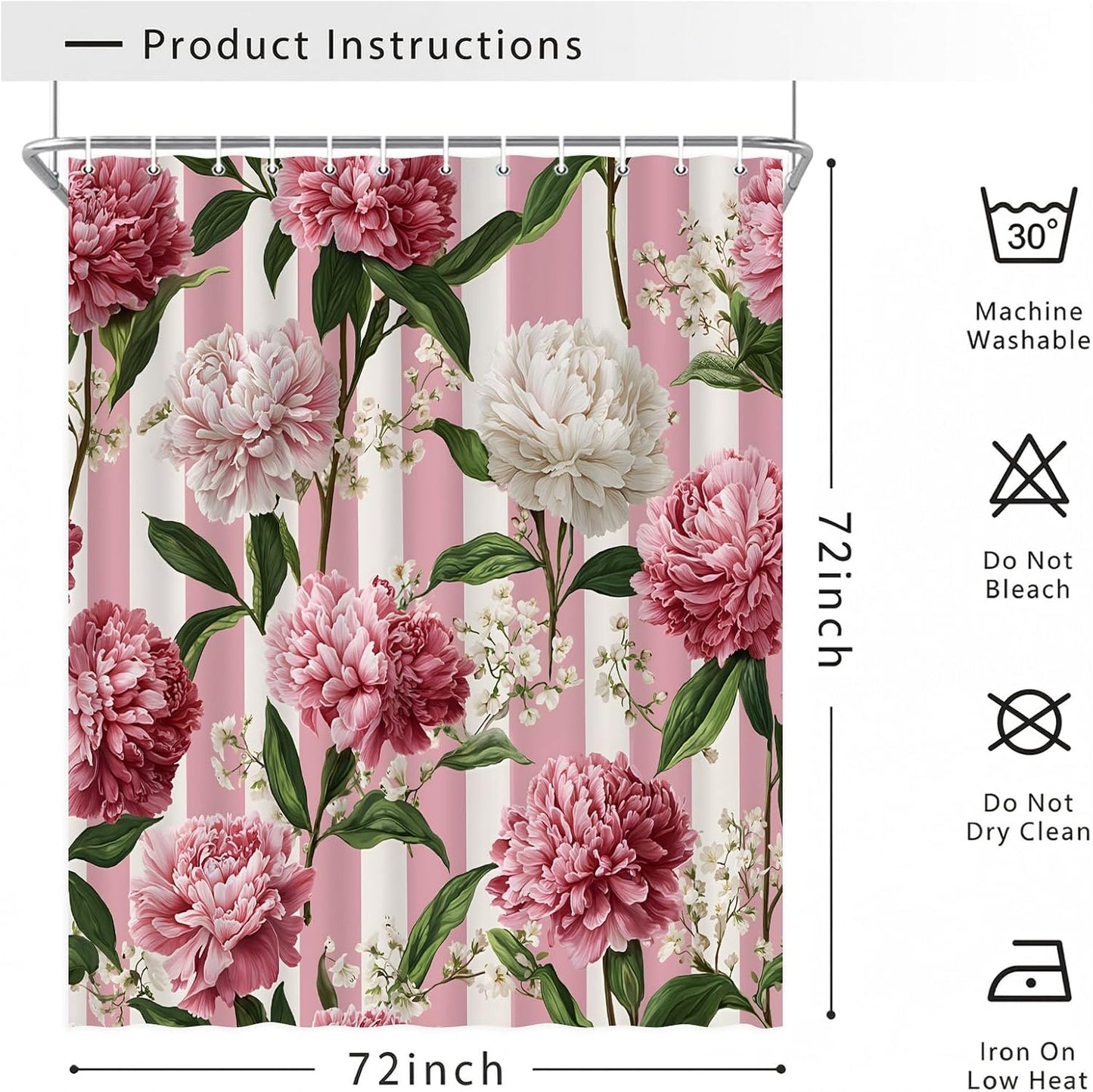 Pink Floral Shower Curtain, Pink and White Striped Flower Peony Bathroom Decor, Botanical Romantic Waterproof Fabric Bath Set with Hooks, 72x72 Inch