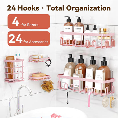 YASONIC Shower Caddy Adhesive 5-Pack, Rustproof Shower Organizer with Holder, No Drilling Shower Shelves for Inside Shower, Large Capacity Bathroom Organizers and Storage for Home & Renters, Pink