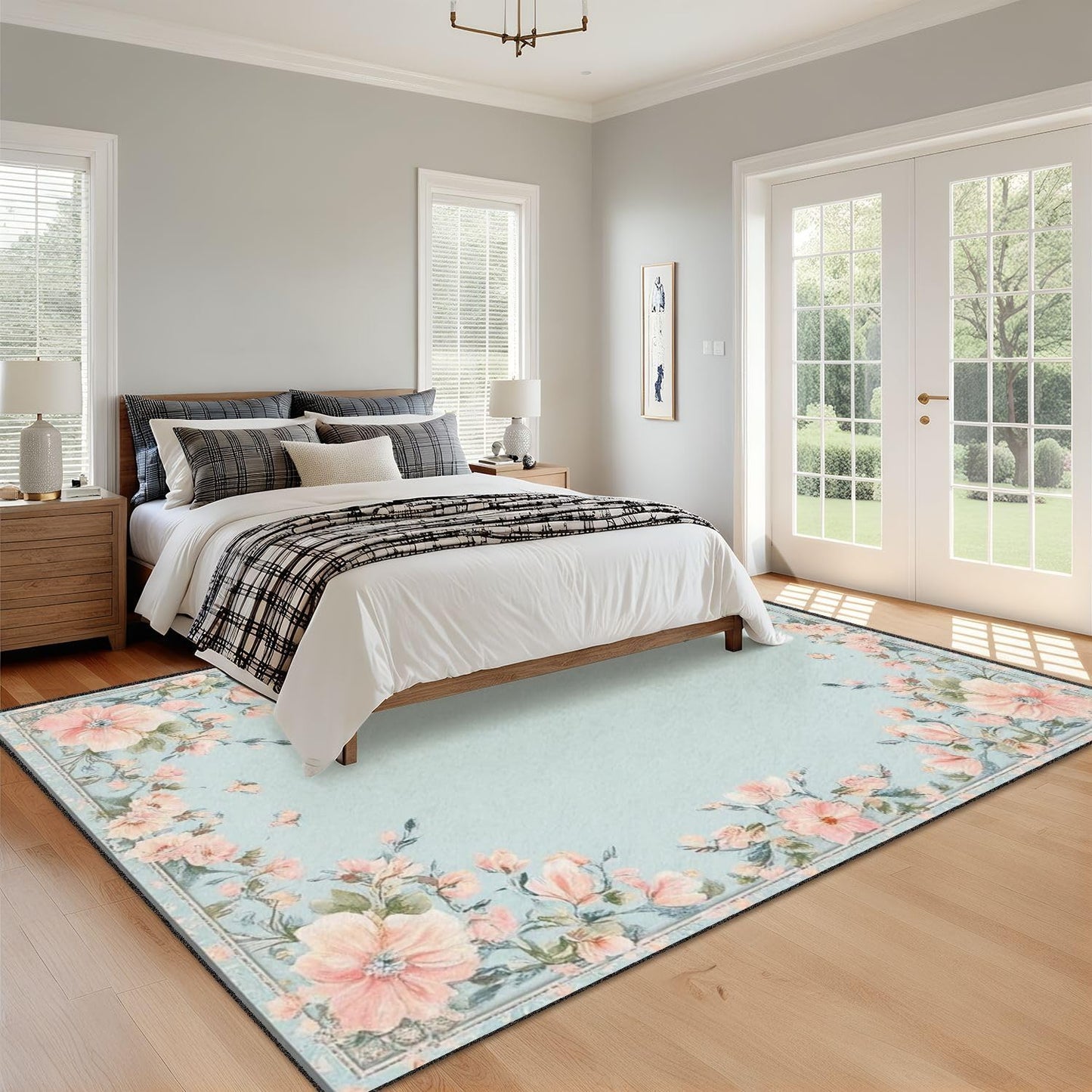 10x14 Area Rugs for Bedroom Boho Washable Rug for Living Room Boho Floral Light Blue Peach Pink Flowers Garland Borders Subtle Soft Rubber Backed Non-Slip Carpet for Dining Room Bedroom Office