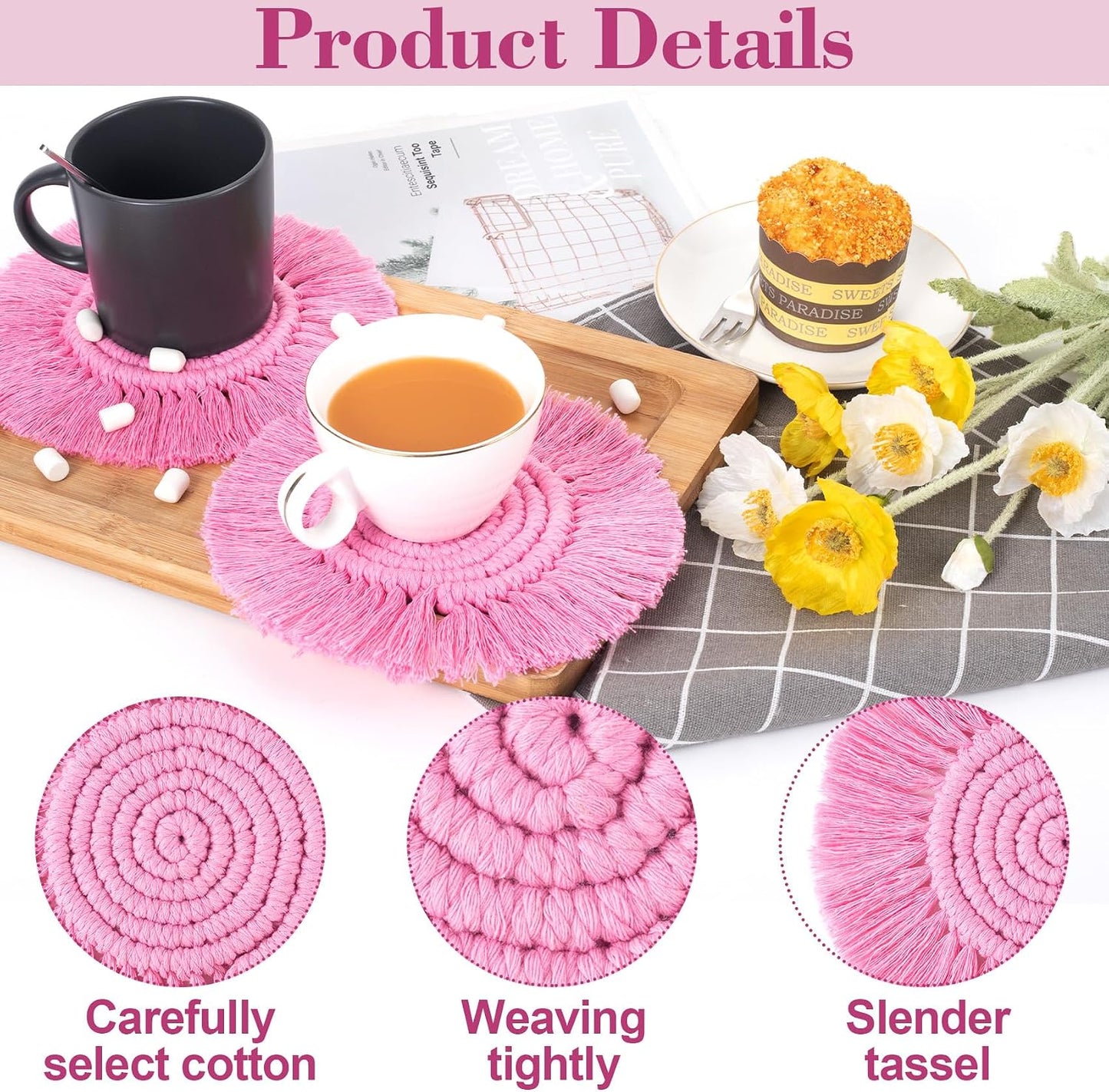 Pndeyo Round Coasters for Drinks Absorbent, Boho Braided Coasters with Tassels, Heat Resistant Cotton Coffee Cup Mat for Home Decor Wooden Tabletop Protection- Pink