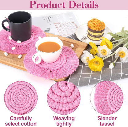 Pndeyo Round Coasters for Drinks Absorbent, Boho Braided Coasters with Tassels, Heat Resistant Cotton Coffee Cup Mat for Home Decor Wooden Tabletop Protection- Pink