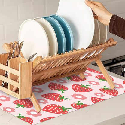Pink Strawberry Dish Drying Rack Mat for Kitchen Counter,Cute Flowers Dish Drying Pad Absorbent Reversible Microfiber Protector for Coffee Bar Sink Countertops 18x24 Inch