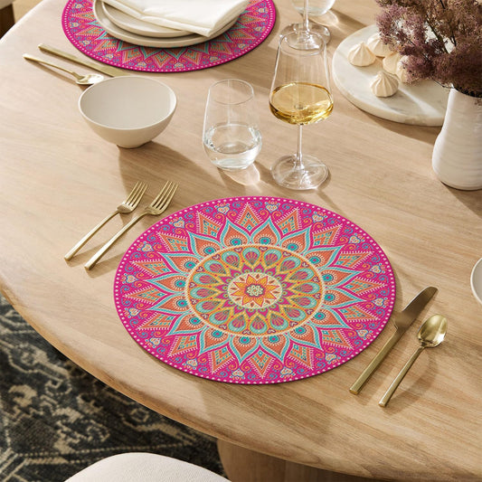 Artoid Mode Pink Mandala Vinyl Plastic Placemats Set of 4, 14 Inch Washable Non-Slip Woven Round Table Mats for Party Kitchen Dining Decor