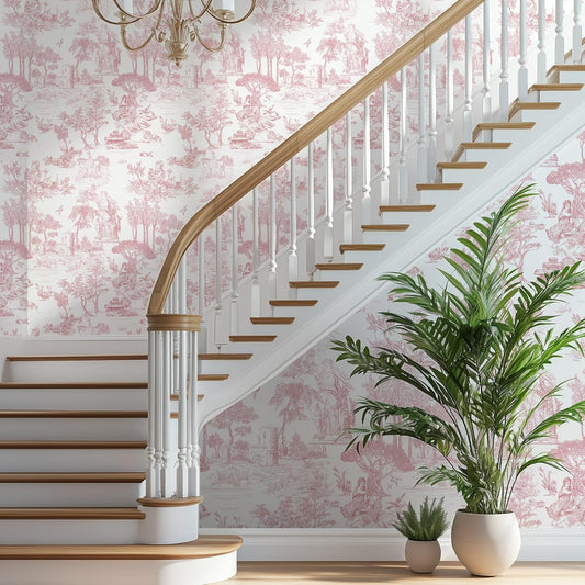 WENMER Toile Wallpaper, 17.7" X 394" Pink and White Peel and Stick Wall Paper, Toile de Jouy Wallpaper, French Vintage Contact Paper for Bedroom, Walls, Backdrop, Cabinet, Home Decor