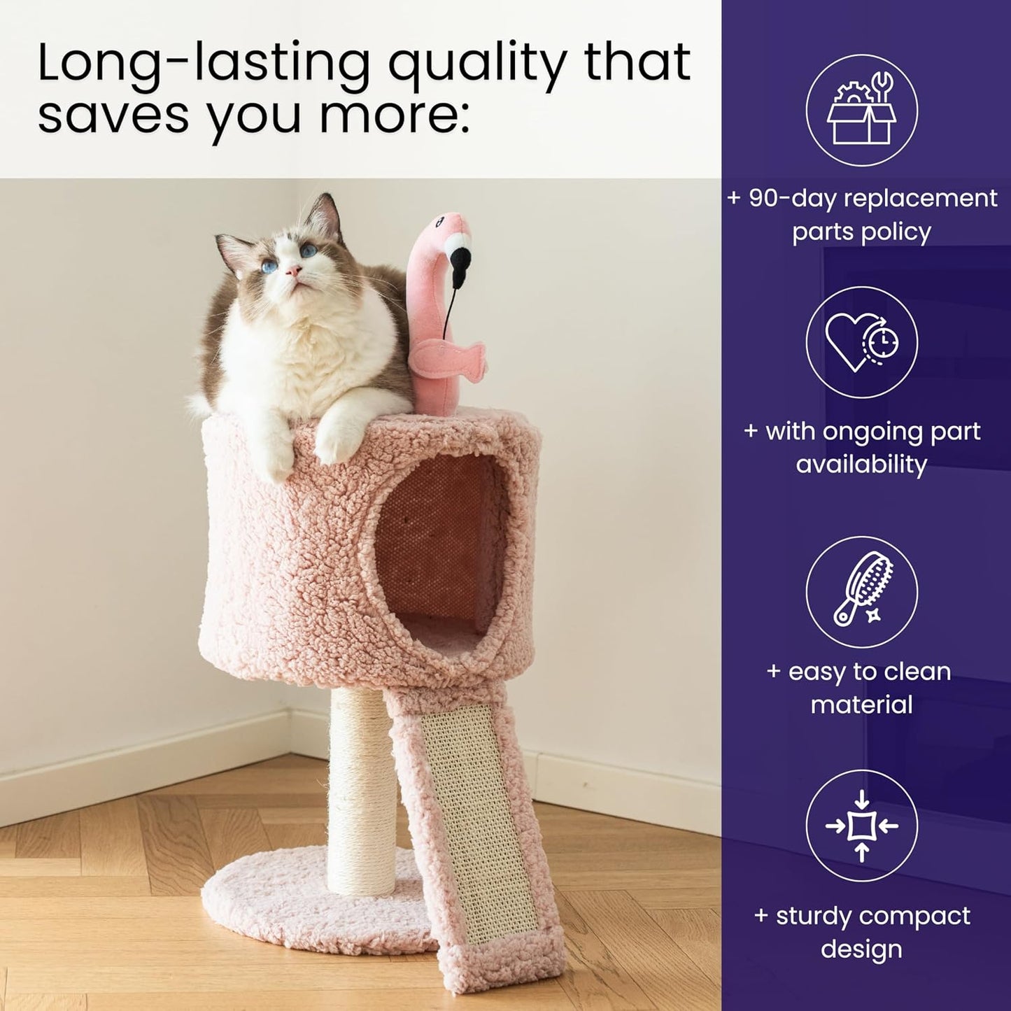 Catry 2-Level Small Cat Tree with Condo, Sisal Scratching Ramp & Post | Cute Pink Flamingo-themed Cat Tree with a Cozy Condo, Replaceable Sisal Scratching Posts, Sisal Ramp, and a Built-in Toy