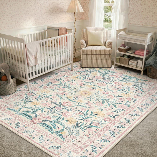 Morebes Pink Floral Rugs for Living Room, Boho Washable 8x10 Area Rug for Bedroom Girls, Soft Non Slip Low Pile Indoor Carpet for Dining Room Kids Room Playroom Toddler Nursery Decor