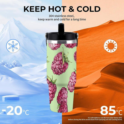 30 Oz Tumbler with Handle, Stainless Steel Peach Raspberry Pattern Travel Cup with Straw, Double Wall Vacuum Coffee Mug with Lid, Leak Proof Water Bottle for Party, Gift
