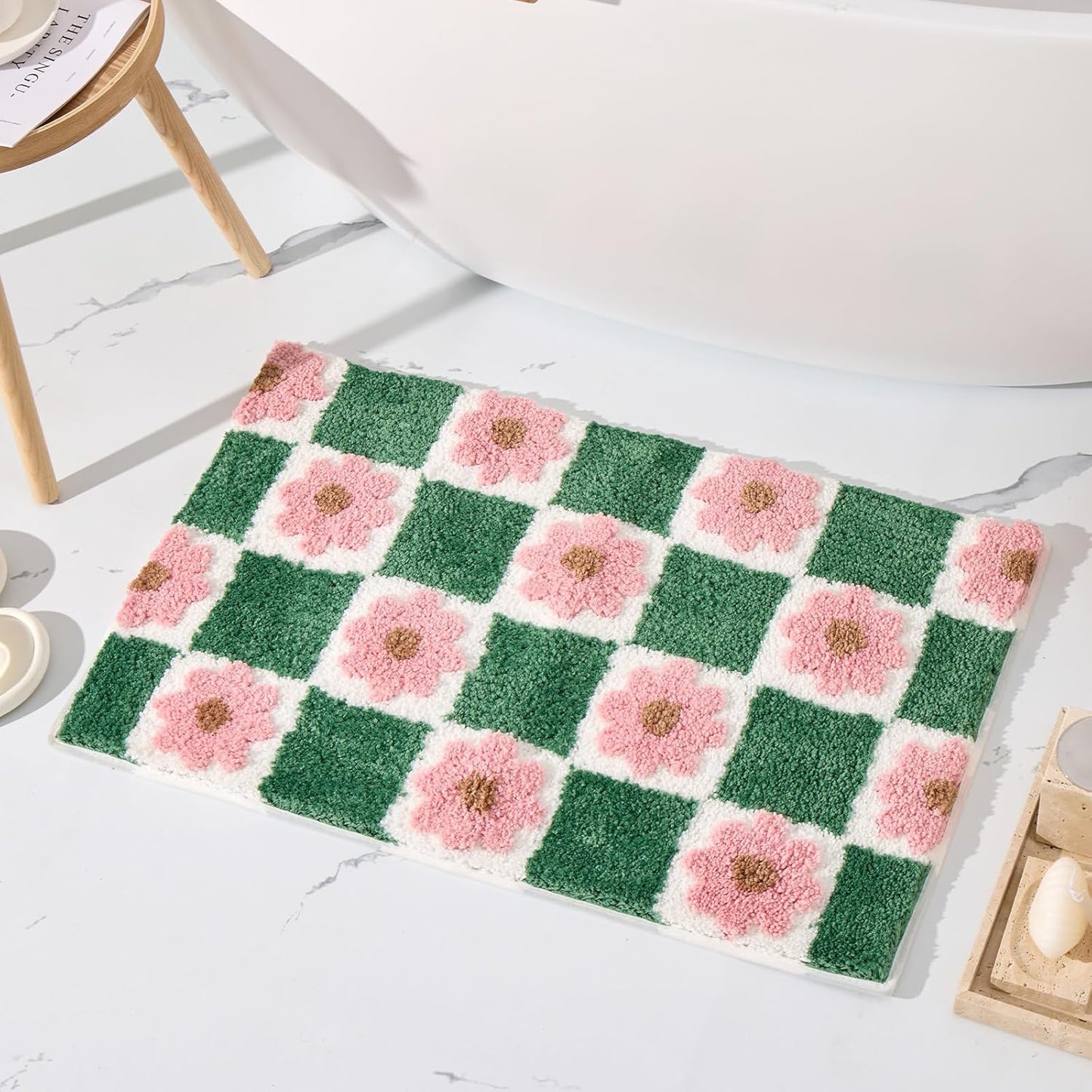 ORTIGIA Cute Green Bathroom Rug Checkered Pink Floral Bath Mat Soft Microfiber Non Slip Washable Absorbent Rugs for Laundry Sink Floor Decor, 20x32 inch