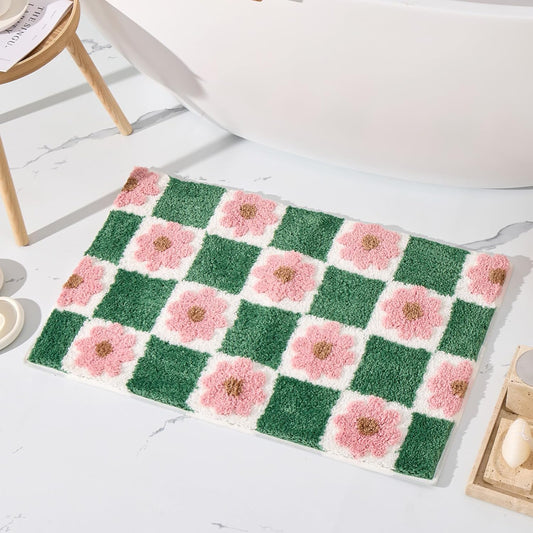ORTIGIA Cute Green Bathroom Rug Checkered Pink Floral Bath Mat Soft Microfiber Non Slip Washable Absorbent Rugs for Laundry Sink Floor Decor, 20x32 inch
