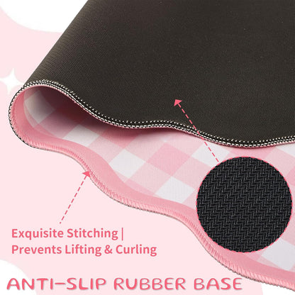 Scalloped Gingham Pink Desk Mat,31.5" x 15.7" Large Cute Aesthetic Desk Mat for Keyboard Mouse, Non Slip Computer Desk Pad,Green Girly Desk Cover Mouse Pad for Desktop Office Home Dorm Decor (Pink)